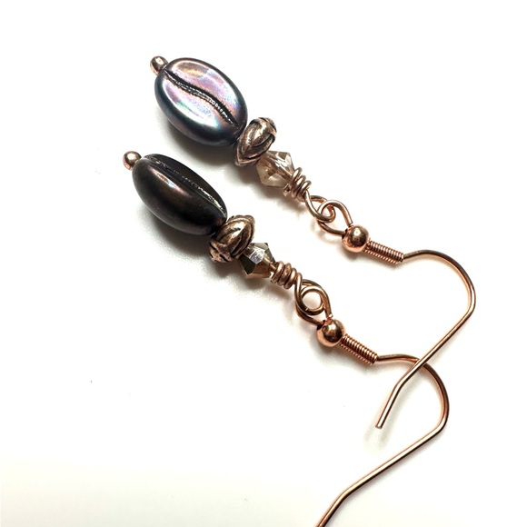 Handcrafted Czech Glass Coffee Bean Earrings with Iridescent Effect and Copper - Picture 3 of 4